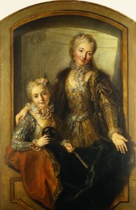Retrato de Madame Dupille e sua filha, corpo médio, vestida com vestidos de baile em uma janela, 1733 de Antoine Coypel