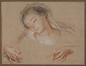 Estudo para uma Madona. Cabeça e duas mãos de Antoine Coypel