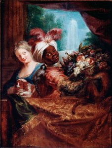 Jovem menina acariciando um cão e criada preta apresentando um cesto de frutas Um macaquinho está deitado no seu ombro. Pintura de Antoine Coypel (1661-1722) Sol. 28x21,5 cm Paris, Musee du Louvre