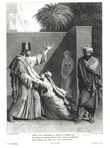 Esther Implorando Assuerus na Presença de Aman, ilustração de Esther por Jean Racine (1639-99) gravada por JJ Coiny (1761-1809)