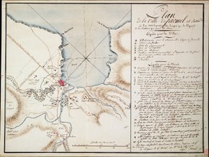 Vizinhança de Jacmel, utilizada para indicar as linhas e posições ocupadas durante o bloqueio e as baterias estabelecidas para construir as defesas sitiadas. de Antoine François Sorrel des Rivieres