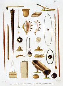 Utensílios domésticos e armas das Ilhas Marianas, da Voyage autour du Monde (1817-20), de Louis Claude Desaulses de Freycinet (1779-1842) gravada por Jean Louis Denis Coutant (1776-1831), p de Antoine Germain Bevalet
