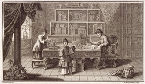 Uma loja de caligrafia chinesa, de uma conta da Embaixada da Holanda na China, gravada por A. Maisonneuve, c.1670s de Antoine Humblot
