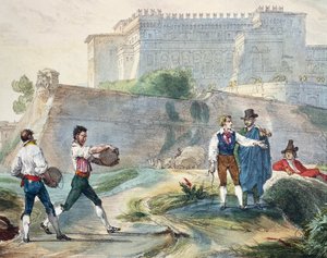 Tocando ruzzica, de Antoine Jean-Baptiste Thomas (1791-1834), litografia a cores de Um ano em Roma e arredores