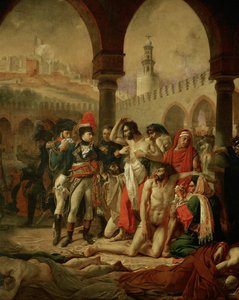 O imperador Napoleão I Bonaparte visita os doentes de peste em Jaffa, seguido pelos seus generais Berthier e Bessieres ... de Antoine Jean Gros