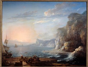 Pôr-do-sol Uma paisagem de falésias e rochas no mar, com os pescadores em primeiro plano. Pintura de Antoine Lebel (1705-1793) Sol do século XVIII. 0,9x1,16 m Rouen, musee des Beaux Arts de Antoine Lebel