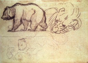 Um urso andando, a cabeça de um leão e um leopardo atacando um animal (carvão e lápis sobre papel)