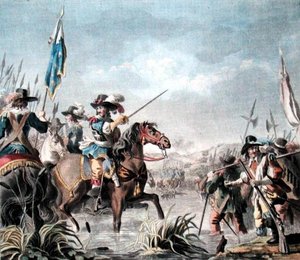 Vitória de Staffarda (1690), gravada por Jean Baptiste Morret (fl.1790-1820) de Antoine Louis Francois (after) Sergent Marceau
