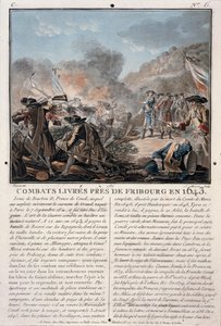 Combate perto de Freiburg, 1643, gravado por Jean Baptiste Morret (fl.1790-1820), 1787 (lito colorido) de Antoine Louis Francois Sergent-Marceau