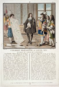 Jean Baptiste Colbert (1619-83) apresenta o mapa do Canal du Languedoc a Louis XIV, gravado por Jean Baptiste Morret (fl.1790-1820), 1788 de Antoine Louis Francois Sergent Marceau