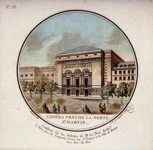 A ópera construída de acordo com os desenhos do arquitecto Le Noir perto da Porte Saint Martin em Paris, hoje o teatro da Porte Saint Martin. Em vista prittoresca dos principais edifícios de Paris pelo Sargento de Antoine Louis Francois Sergent-Marceau