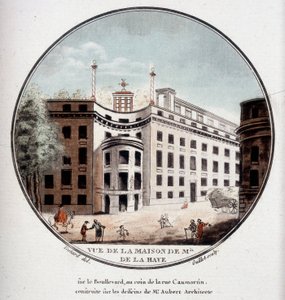 Vista da casa de Monsieur de La Haye na esquina da Rue Caumartin, Paris, construída de acordo com desenhos do arquiteto Aubert. Em vista prittoresca dos principais edifícios de Paris pelo Sargento de Antoine Louis Francois Sergent Marceau