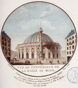 Vista do exterior do mercado do trigo, Paris construído por Le Camus de Mézières entre 1763 e 1766, hoje a bolsa de valores de Paris. Em vista prittoresca dos principais edifícios de Paris pelo Sargento de Antoine Louis Francois Sergent Marceau