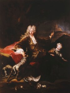 Retrato do marquês Paolo Corbelli, de corpo inteiro, sentado em um banco à beira de um bosque, 1709 de Antoine Pesne