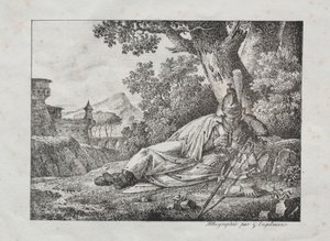 Receuil impressões litográficas: camada de dragão fumando ao pé de uma árvore, 1822.