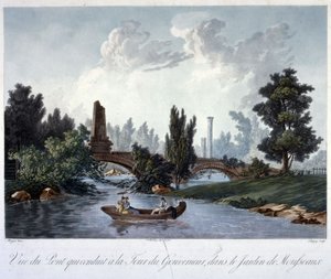 Ponte para o Tour du Gouverneur no Parc Monceau, gravado por Chapuy (aquatint) de Antoine Pierre after Mongin
