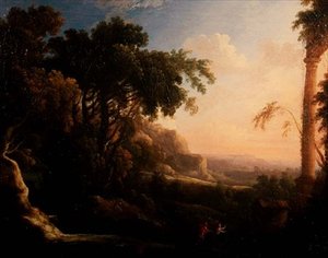 Pan e Syrinx em uma paisagem arcadiana de Antoine Pierre the Younger Patel