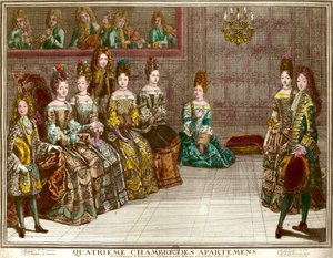 Dança no quarto quarto dos apartamentos da família de Luís XIV (1638-1715) durante as noites de apartamento em Versalhes por volta de 1696: o Duque de Chartres dança o menuet com Mademoiselle na presença da Duquesa do Maine, o Duque de B