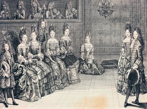 Duque de Borgonha, Duquesa de Maine, Princesa de Conti e Duques de Chartres a ouvir música, gravura, França