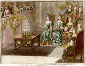 Sessão de música no quinto quarto dos apartamentos familiares de Luís XIV (1638-1715) durante as noites de apartamento em Versalhes por volta de 1694 Gravação de Antoine Trouvain (1656-1708) 1694 aproximadamente colecção privada
