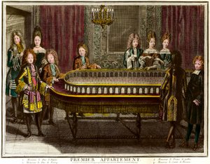 Philippe de França, Duque de Anjou, então Rei de Espanha (1683-1746), Carlos, Duque de Berry (1686-1714) e Príncipe de Gales tocando pórtico no primeiro apartamento de Luís XIV em Versalhes - Gravura de Antoine Trouvain (1656-1708) Coleção particular - Cha