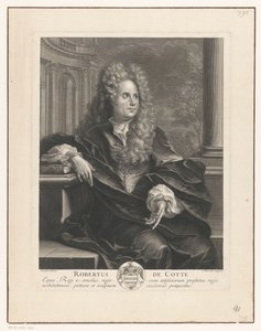 Retrato de Robert de Cotte apoiado em um livro de arquitetura clássica Robert De Cotte (título no objeto)