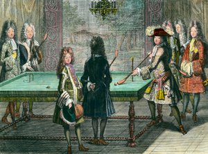 Diversão real em Versalhes, Rei Luís XIV (1638-1715) jogando bilhar com Philippe Duc d