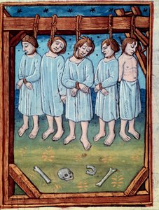 Cinco homens enforcados. Miniatura em “” cronicas de Saint Denis ”Paris, Antoine Verard