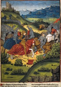 Lancelot numa batalha - VERARD, Antoine (século XV). Editora e livreira inglesa; LANCELOT (6º c.). Cavaleiro da corte do Rei Artur. Lancelot numa batalha. Ilustração de "Lancelot du Lac" de Antoine Verard (1494). Arte gótica. Pintura em miniatura. FR