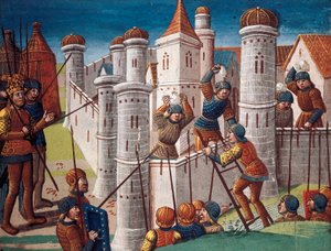 Sítio de uma cidade, miniatura do manuscrito "O romance de Ogier, o dinamarquês".