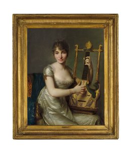 Retrato de Madame Larmoyer, comprimento de três quartos, furando uma lira