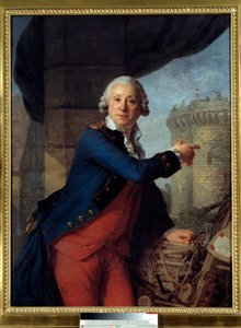 Retrato de Jean Henri Masers, Cavaleiro de Latude (1725-1805) Ele aponta para a destruição da fortaleza da Bastilha onde foi preso por uma tentativa de ataque a Madame de Pompadour (Marquesa de Pompadour). Pintura de Antoine Vestier (1740-1824) 1