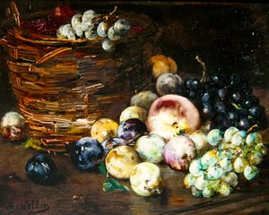 Natureza Morta de um Cesto com Frutas sobre uma Mesa, c.1870 (óleo sobre tela) de Antoine Vollon