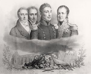O Governo Provisório de 29 de julho de 1830. Da esquerda para a direita: Jacques Lafitte (1767-1844), Casimir Perier (1777-1832), General Lafayette (1757-1834) e Comte Etienne Maurice Gerard (1773-1852) 1831 (
