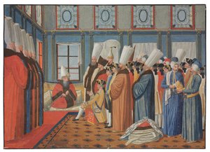 A apresentação do Conde de Vergennes, embaixador de Luís XV, a Reis Effendi, grão-vizir do sultão otomano "Uthman III, em 31 de maio de 1755 de Antoine de Favray