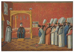 A apresentação do Conde de Vergennes, embaixador de Luís XV, ao sultão "Uthman III na Sala do Trono do Palácio Topkapi em 3 de junho de 1755
