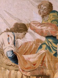 Tapeçaria flamenga. História da série Theseus. Bacchus toma Ariadne como sua esposa (Baco toma a Ariadna por esposa). A nona tapeçaria da série. Modelo Anthonis Sallaert. Fabrica Jan Raes o Jovem, Bruxelas. Ca 1630. ; Tecido de seda e lã. Tamanho 392 x 45