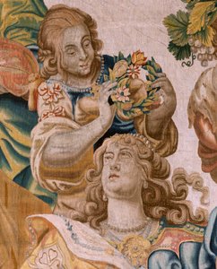 tapeçaria flamenga. Série História de Teseu. Baco toma Ariadne como sua esposa (Baco toma a Ariadna por esposa). Nona tapeçaria da série. Modelo Anthonis Sallaert. Manufatura Jan Raes, o Jovem, Bruxelas. Ca 1630. ; Tecido Seda e lã. Tamanho 392 x 45