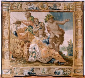 Tapeçaria flamenga. História da série Theseus. Bacchus toma Ariadne como sua esposa (Baco toma a Ariadna por esposa). A nona tapeçaria da série. Modelo Anthonis Sallaert. Fabrica Jan Raes o Jovem, Bruxelas. Ca 1630. ; Tecido de seda e lã. Tamanho 392 x 45
