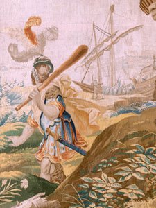 Tapeçaria flamenga. História da série Theseus. Theseus abandona Ariadne na ilha de Naxos (Teseo abandona a Ariadna en la Isla de Naxos). Oitava tapeçaria da série. Modelo Anthonis Sallaert. Fabrico Jan Raes the Younger, Bruxelas. Ca 1630. Tecido S