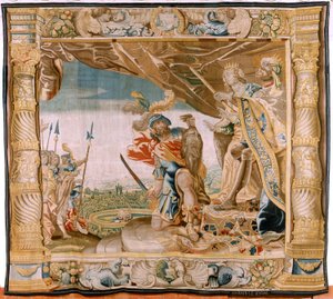 tapeçaria flamenga. Série História de Teseu. Teseu apresenta a cabeça do Minotauro ao Rei e à Rainha de Creta (Teseo presenta a los Reyes de Creta la cabeza del Minotauro). Sétima tapeçaria da série. Modelo Anthonis Sallaert. Fabricação Jan Raes
