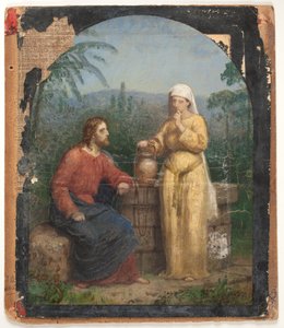 Esboço a óleo de Jesus e a mulher samaritana no poço de Anton Dorph