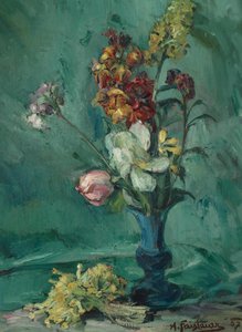 Flores em vaso azul e ramo de prímulas de Anton Faistauer