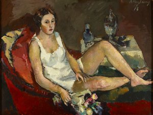 Mulher jovem no sofá vermelho de Anton Faistauer