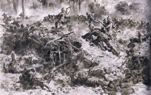 Os granadeiros do Rei Wuenttemberg rompendo com colocações inimigas em Argonnes, de The Illustrated History of the World War 1914-1915 pub. por Union Berlagsefellfchaft de Anton Hoffman