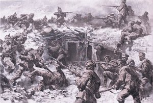 A derrota do Corpo de Granadeiros de Moscovo pelas tropas Silesianas, Prussianas e Imperiais Alemãs , de The Illustrated History of the World War 1914-1915 pub. pela Union Berlagsefellfchaft de Anton Hoffman