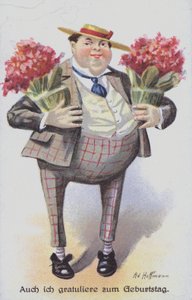Cartão de saudação de aniversário retratando um homem carregando cachos de flores (chromolitho) de Anton Hoffmann