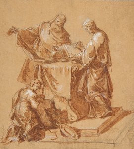 Um sumo sacerdote, a profetisa Anna e um menino ajoelhado ao redor de uma mesa, 1745.