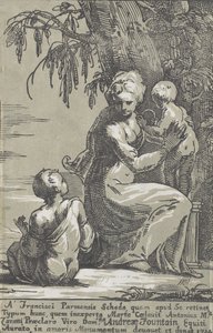 Uma mulher de pé ao pé de uma árvore segurando um bebê, com um menino sentado, 1724.