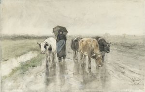 Uma pastora com vacas em uma estrada rural na chuva A esposa de um fazendeiro com vacas em uma estrada rural na chuva de Anton Mauve